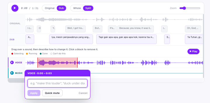 DubSync's Sound editor with a prompt box open over a selected voice region, reading 'make this louder', 'duck under dia...' with Apply and Quick Mute buttons